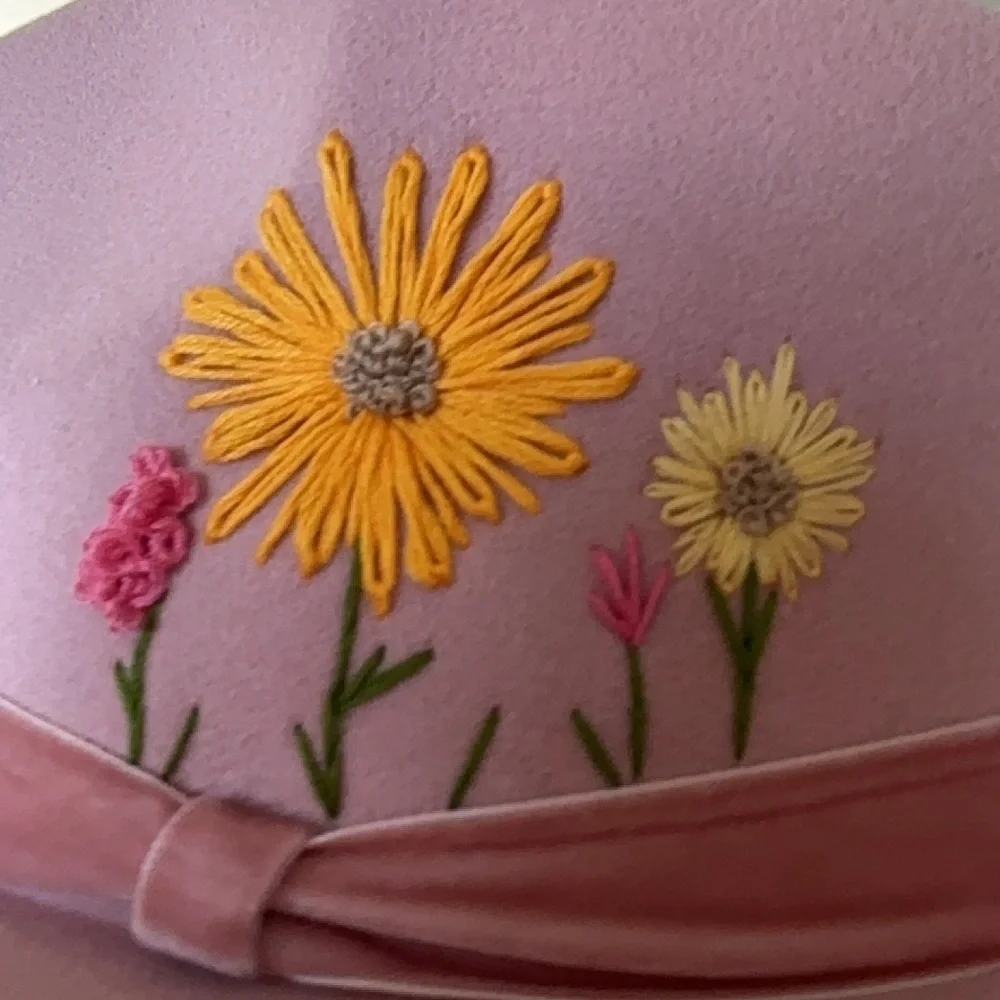 New Felt Hand-Embroidered Pink Floral Fedora, Adjustable! - Picture 6 of 6